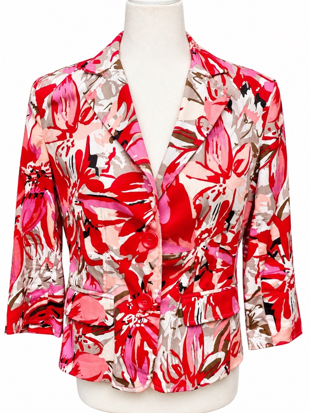 Kim Rogers Petite Floral Blazer Jacket Red Pink White Cotton Stretch PMedium